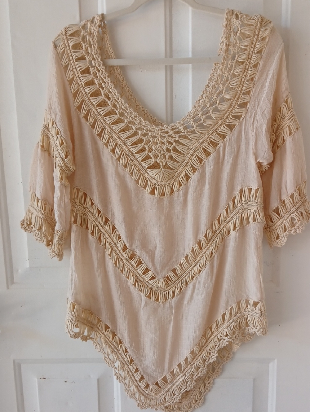 Vintage Havana Beige Crochet Trim Boho Blouse